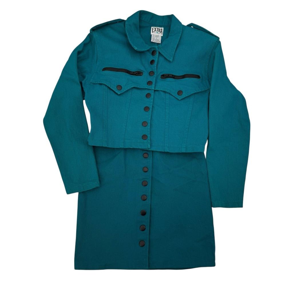 Vintage extra teal denim skirt and jacket set size small and 3 90's